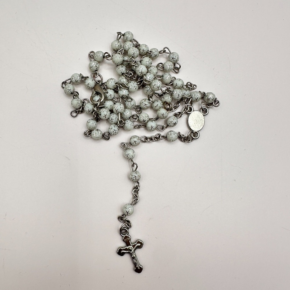 Vintage 90s Silver Tone White Star Beaded Crucifix Necklace Women's Jewelry